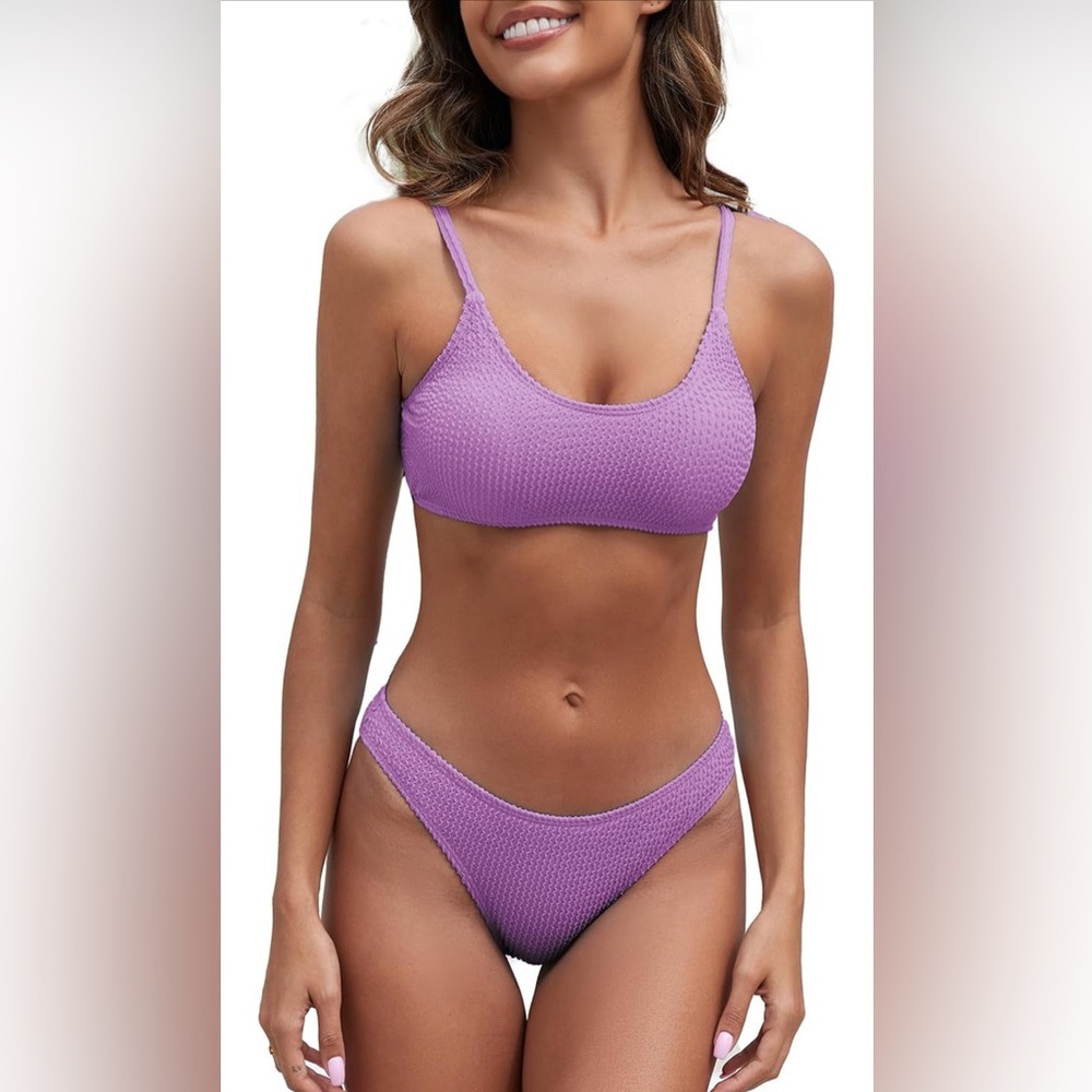 Women's‎ Large Textured Purple Bikini Set Scoop Neck High Cut Thong Swimsuit